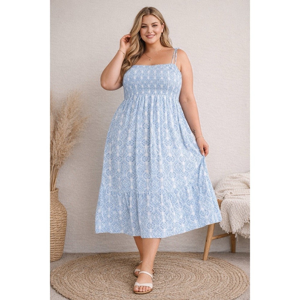Ellos Boho Blue Smocked Midi Dress Size 26 Plus Size Strappy Flowy Summer
